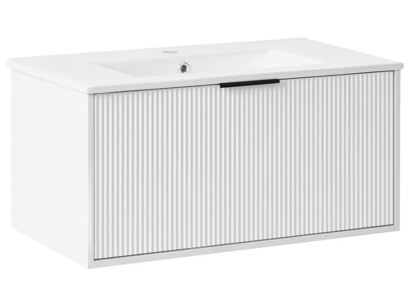Wall Mounted Vanity Unit White Engineered Wood Bathroom Cabinet Ceramic Basin 80 cm Black Handle Modern Design Beliani