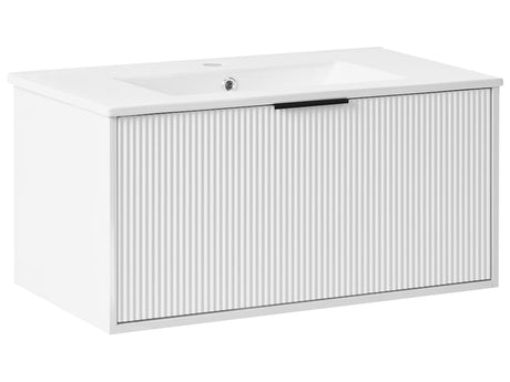 Wall Mounted Vanity Unit White Engineered Wood Bathroom Cabinet Ceramic Basin 80 cm Black Handle Modern Design Beliani