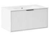 Wall Mounted Vanity Unit White Engineered Wood Bathroom Cabinet Ceramic Basin 80 cm Black Handle Modern Design Beliani