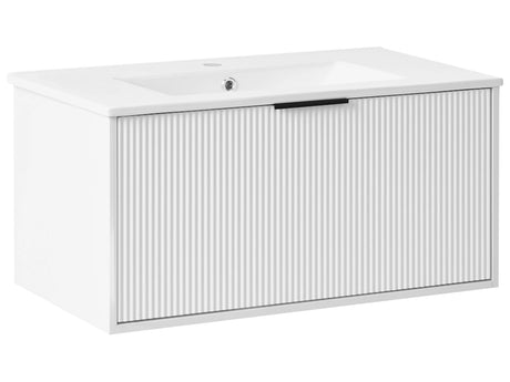 Wall Mounted Vanity Unit White Engineered Wood Bathroom Cabinet Ceramic Basin 80 cm Black Handle Modern Design Beliani