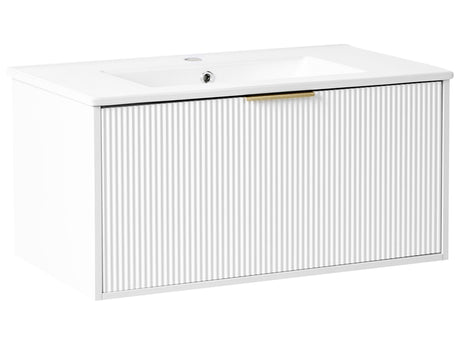 Wall Mounted Vanity Unit White Engineered Wood Bathroom Cabinet Ceramic Basin 80 cm Gold Handle Modern Design Beliani