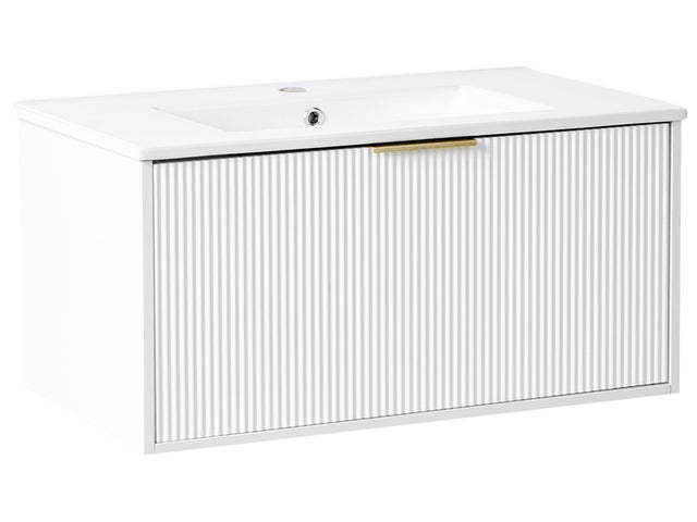 Wall Mounted Vanity Unit White Engineered Wood Bathroom Cabinet Ceramic Basin 80 cm Gold Handle Modern Design Beliani