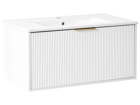 Wall Mounted Vanity Unit White Engineered Wood Bathroom Cabinet Ceramic Basin 80 cm Gold Handle Modern Design Beliani