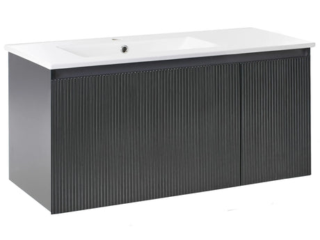 Wall Mounted Vanity Unit with Basin Black Engineered Wood Bathroom Cabinet Storage Ceramic Sink 100 cm Modern Design Beliani