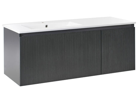 Wall Mounted Vanity Unit with Basin Black Engineered Wood Bathroom Cabinet Storage Ceramic Sink 120 cm Modern Design Beliani