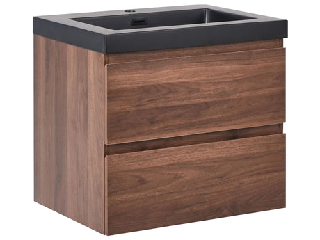 Wall Mounted Vanity Unit with Basin to Bathroom Brown MDF Wood 2 Drawers 60 x 46 cm Modern Beliani