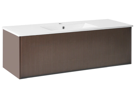 Wall Mounted Vanity Unit with Basin Brown Engineered Wood Bathroom Cabinet Storage Ceramic Sink 120 cm Modern Design Beliani