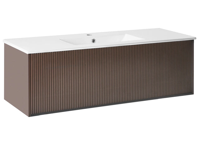 Wall Mounted Vanity Unit with Basin Brown Engineered Wood Bathroom Cabinet Storage Ceramic Sink 120 cm Modern Design Beliani