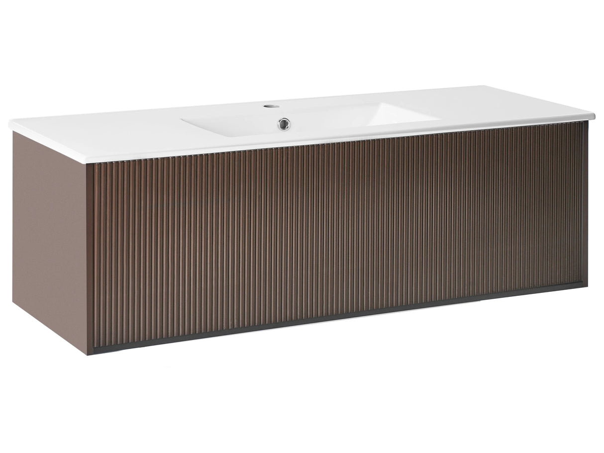 Wall Mounted Vanity Unit with Basin Brown Engineered Wood Bathroom Cabinet Storage Ceramic Sink 120 cm Modern Design Beliani