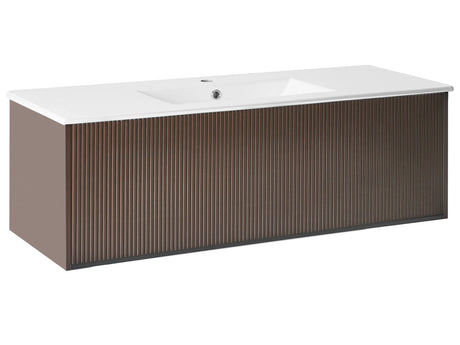 Wall Mounted Vanity Unit with Basin Brown Engineered Wood Bathroom Cabinet Storage Ceramic Sink 120 cm Modern Design Beliani