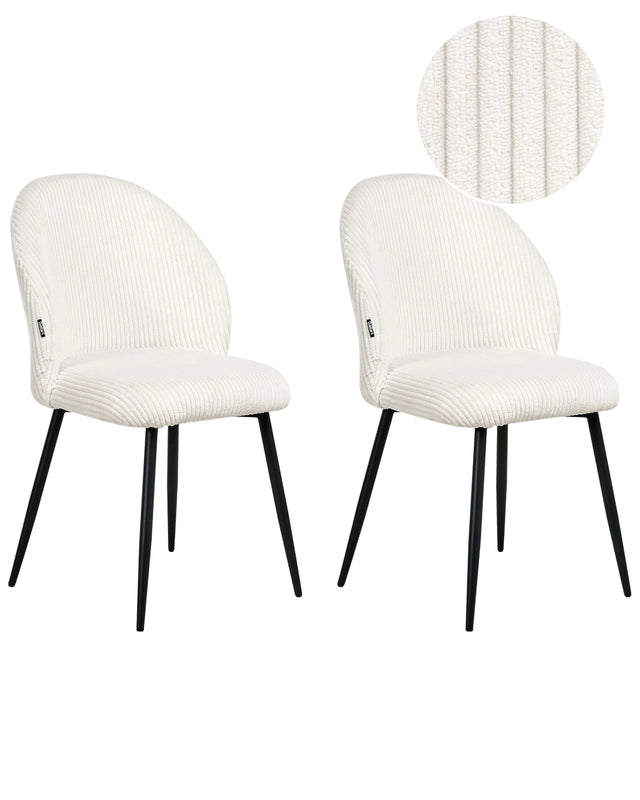 Set of 2 Dining Chairs Off-White Corduroy Upholstery Padded Seat Sleek Metal Legs Beliani