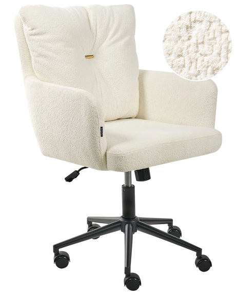 Office Chair Off-White Boucle Polyester Fabric Black Metal Frame Upholstered Swivel Function Adjustable Office Furniture Beliani