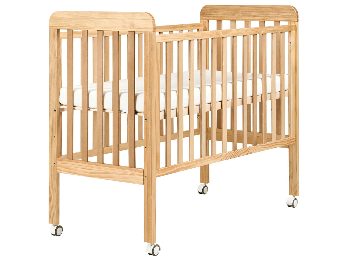 Baby Cot Bed Light Brown Pine Wood 60 x 120 cm with Bars Height Adjustable with Wheels Standard Size Nursery Accessories Minimalistic Design Beliani
