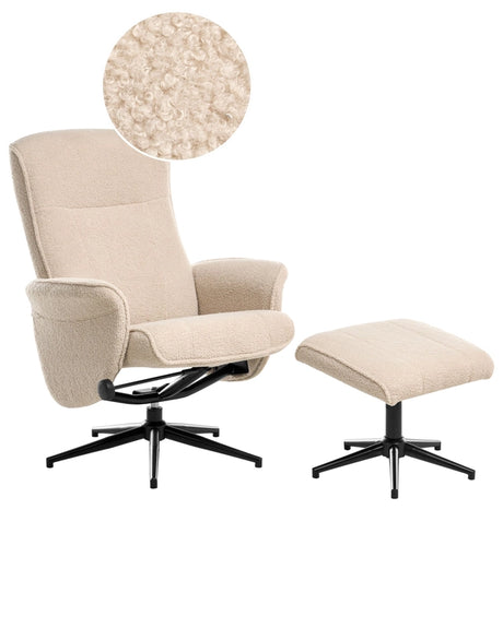Recliner Armchair Beige with Footstool Boucle Fabric Swivel Upholstered Metal Frame Retro Design Beliani