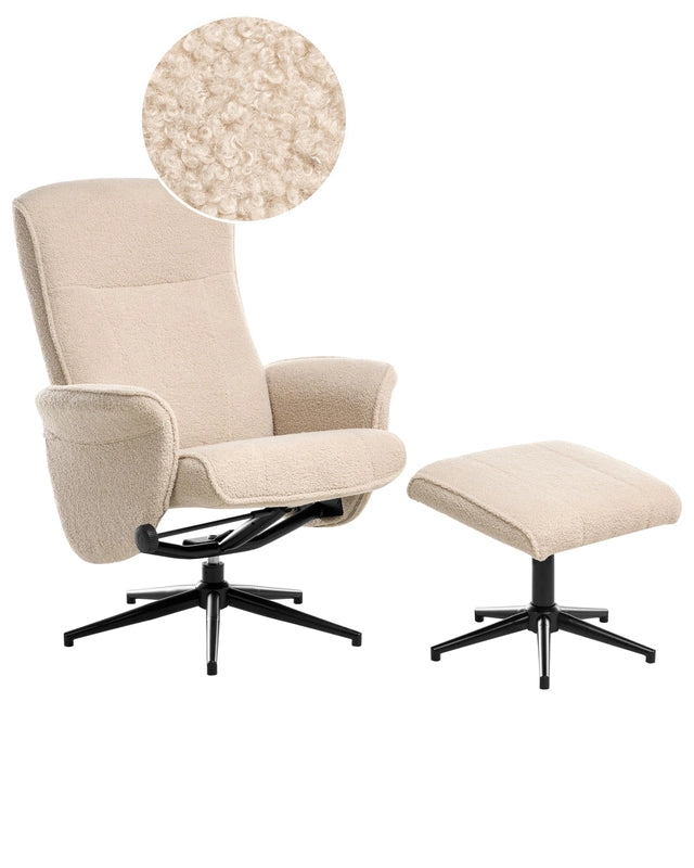 Recliner Armchair Beige with Footstool Boucle Fabric Swivel Upholstered Metal Frame Retro Design Beliani