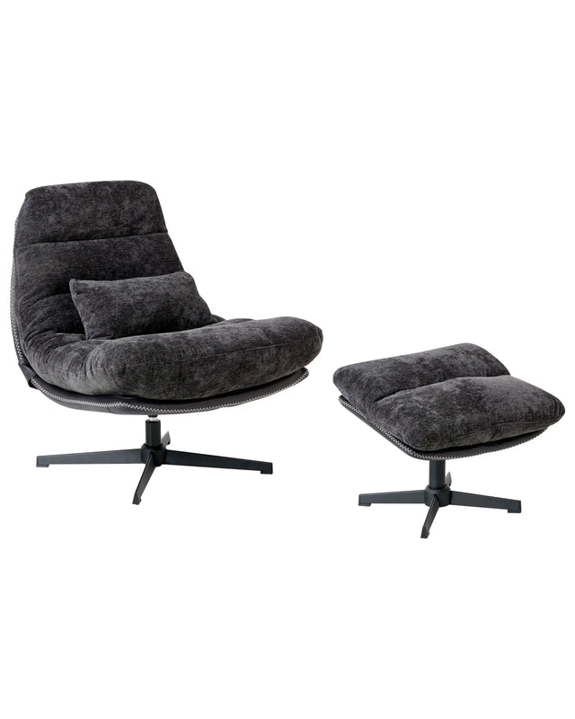 Swivel Armchair with Footstool Black Chenille Single Base Cushioned Seat Beliani