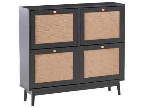 Shoe Storage Cabinet Black Particle Board Rattan 4 Compartments Boho Design Hallway Beliani