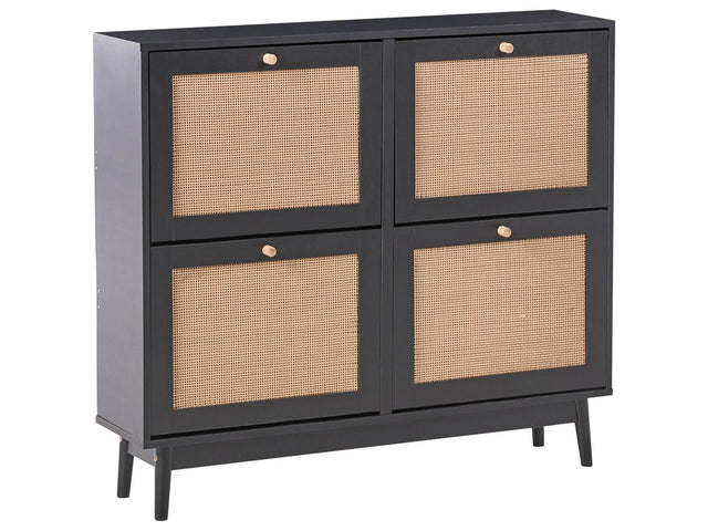 Shoe Storage Cabinet Black Particle Board Rattan 4 Compartments Boho Design Hallway Beliani