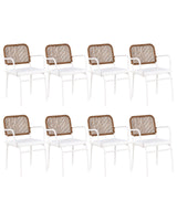 Set of 8 Garden Chairs White and Brown Aluminium Powder Coated Finish Frame Stackable Outdoor Beliani
