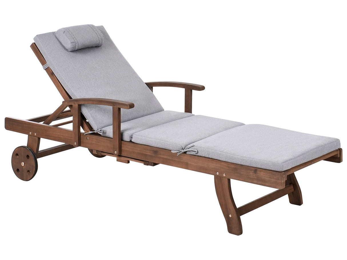 Garden Sun Lounger Acacia Wood Natural with Grey Melange Cushion Adjustable Backrest Inbuilt Castors Rustic Traditional Style Beliani