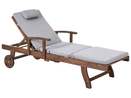 Garden Sun Lounger Acacia Wood Natural with Grey Melange Cushion Adjustable Backrest Inbuilt Castors Rustic Traditional Style Beliani