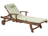 Garden Sun Lounger  Acacia Wood Natural with Green  Cushion Adjustable Backrest Inbuilt Castors Rustic Traditional Style Beliani