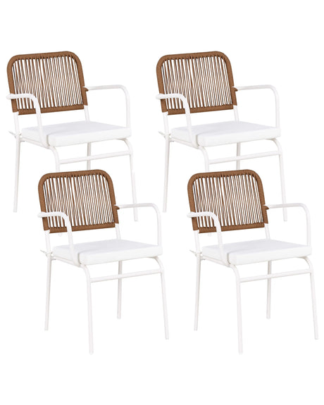 Set of 4 Garden Chairs White and Brown Aluminium Powder Coated Finish Frame Stackable Outdoor Beliani