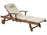 Garden Sun Lounger  Acacia Wood Natural with Taupe Cushion Adjustable Backrest Inbuilt Castors Rustic Traditional Style Beliani