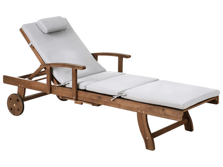 Garden Sun Lounger  Acacia Wood Natural with Light Grey Cushion Adjustable Backrest Inbuilt Castors Rustic Traditional Style Beliani