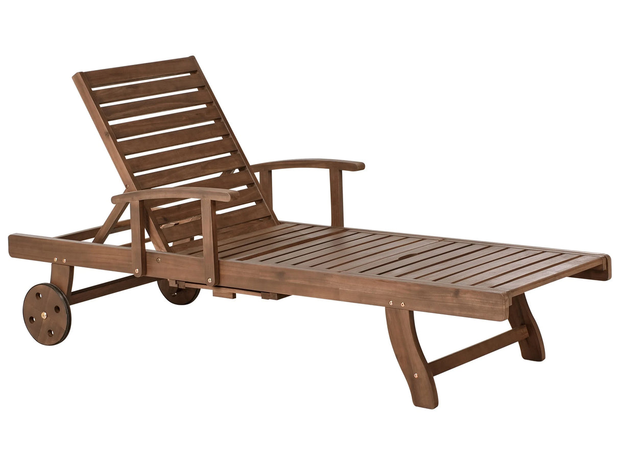 Garden Sun Lounger Dark Brown Acacia Wood Natural Adjustable Backrest Inbuilt Castors Rustic Traditional Style Beliani