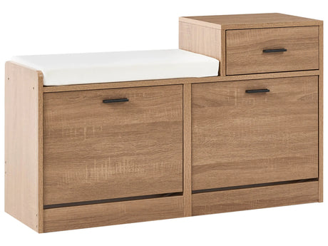 Shoe Storage Cabinet Light Brown with Seat Particle Board 2 Compartments Scandinavian Design Hallway Beliani