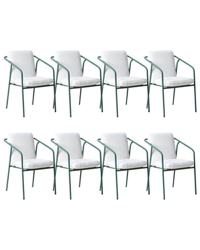 Set of 8 Garden Chairs Green Aluminium Metal Powder Coated with White Cushions Stackable Outdoor Beliani