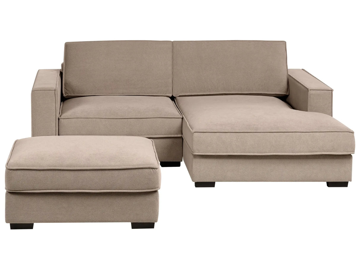 Left Hand Corner Sofa with Ottoman Taupe Fabric Polyester Upholstered 3 Seater L-Shaped with Cushions Modern Style Living Room Beliani