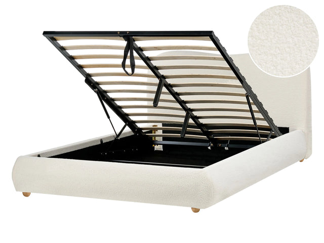 Storage Bed White Boucle Polyester Fabric EU Double Size 4ft6 Minimalist Modern Design Ottoman Storage Beliani