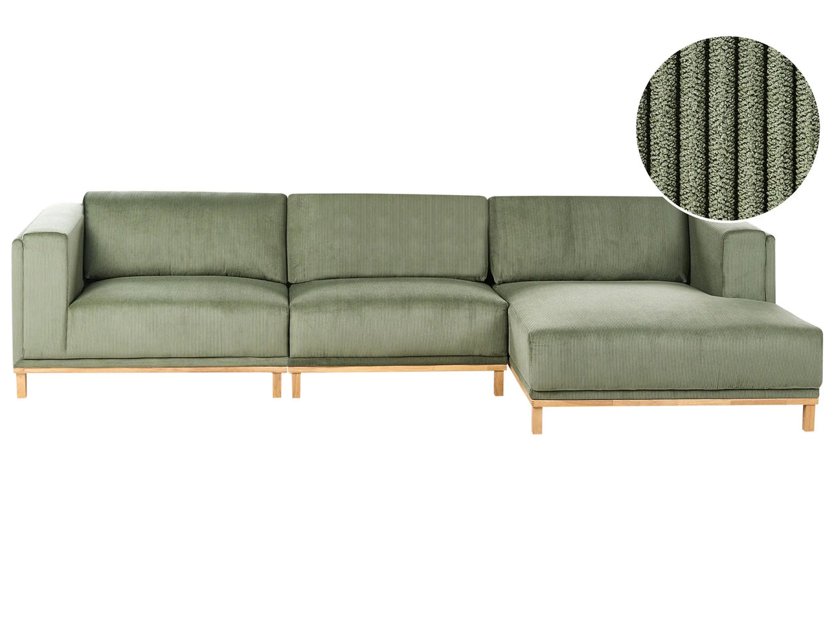 Left-Hand Corner Sofa Green Corduroy Upholstery Wooden Legs 5 Seater Thickly Padded Modern Style Living Room Furniture Beliani