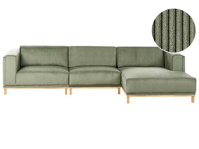 Left-Hand Corner Sofa Green Corduroy Upholstery Wooden Legs 5 Seater Thickly Padded Modern Style Living Room Furniture Beliani