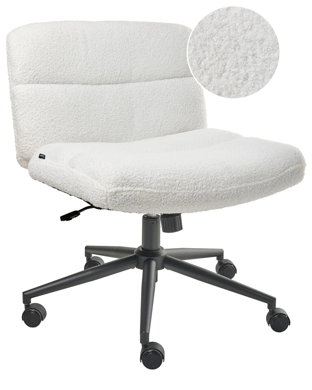 Home Office Desk Chair White Boucle Teddy Upholstery Wide Armless Pneumatic Seat Swivel Base Tilting Beliani