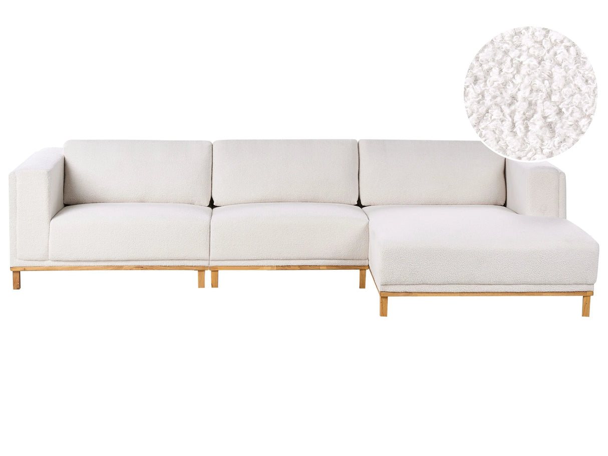 Left-Hand Corner Sofa White Boucle Upholstery Wooden Legs 5 Seater Thickly Padded Modern Style Living Room Furniture Beliani