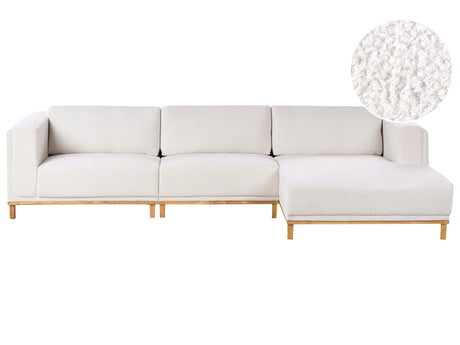 Left-Hand Corner Sofa White Boucle Upholstery Wooden Legs 5 Seater Thickly Padded Modern Style Living Room Furniture Beliani