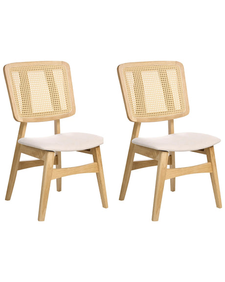 Set of 2 Dining Chairs Light Brown Polyester Upholstered Seats Fabric Backrest Rubber Wood Laquered Frame Armless Retro Style Beliani
