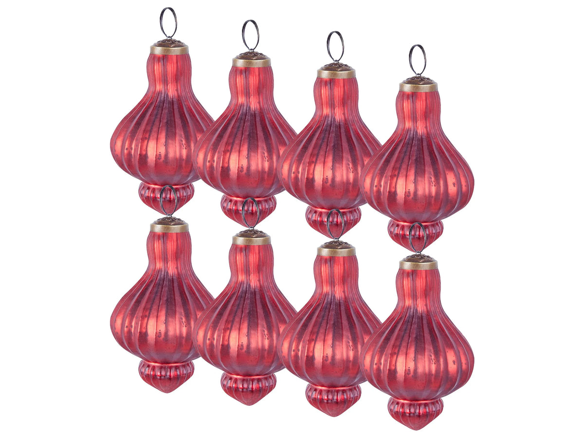 Set of 8 Christmas Baubles Red Glass Hanging Vintage Xmas Tree Handmade Balls Holiday Decor Beliani