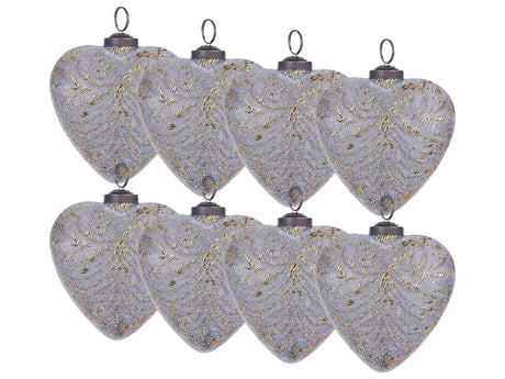 Set of 8 Christmas Baubles Grey Glass Hanging Heart Shaped Xmas Tree Handmade Balls Holiday Decor Beliani