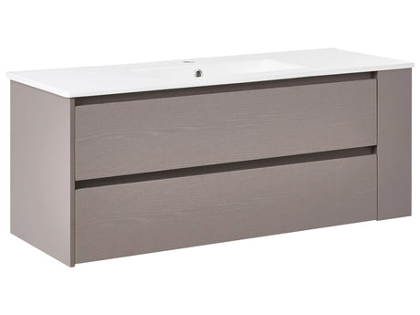 Wall Mounted Vanity Unit with Basin Taupe Engineered Wood Bathroom Cabinet Storage Ceramic Sink 120 cm Modern Design Beliani