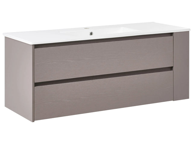 Wall Mounted Vanity Unit with Basin Taupe Engineered Wood Bathroom Cabinet Storage Ceramic Sink 120 cm Modern Design Beliani