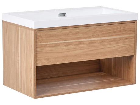 Wall Mounted Vanity Unit with Basin Light Brown Engineered Wood Bathroom Cabinet Storage Resin Sink 80 cm Modern Design Beliani