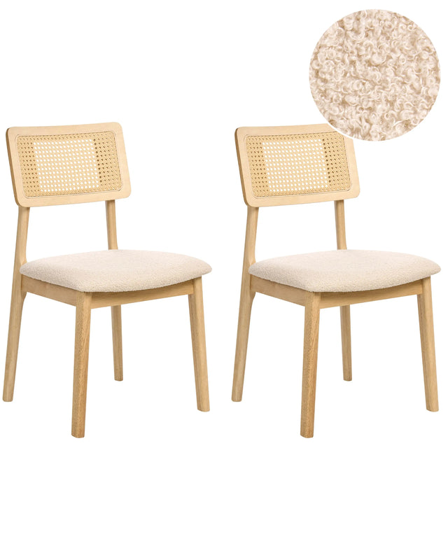 Set of 2 Dining Chairs Light Brown Polyester Boucle Upholstered Seats Fabric Backrest Rubber Wood Laquered Frame Armless Retro Style Beliani