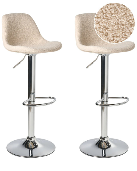 Set of 2 Bar Stools Light Beige Upholstery Boucle and Silver Legs Swivel Chair Adjustable Height Modern Beliani