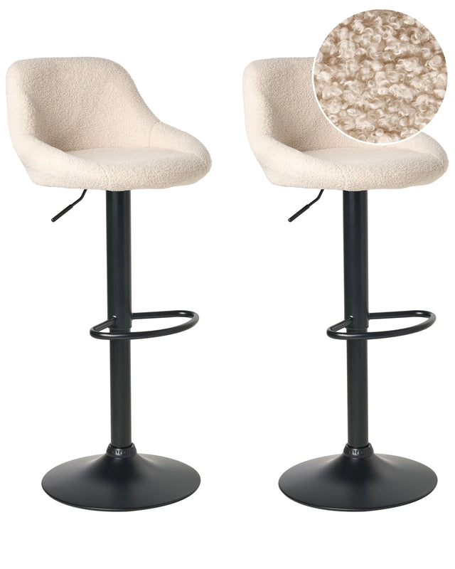 Set of 2 Bar Stools Light Beige Boucle Upholster Seating Black Legs Adjustable Height Dining Room Modern Beliani