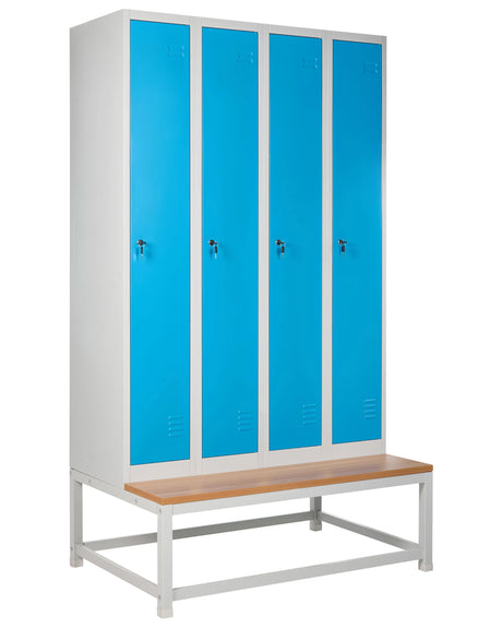 Storage Locker Grey and Blue Metal Clothes Cabinet 4 Doors with Bench Gym School Changing Room Beliani