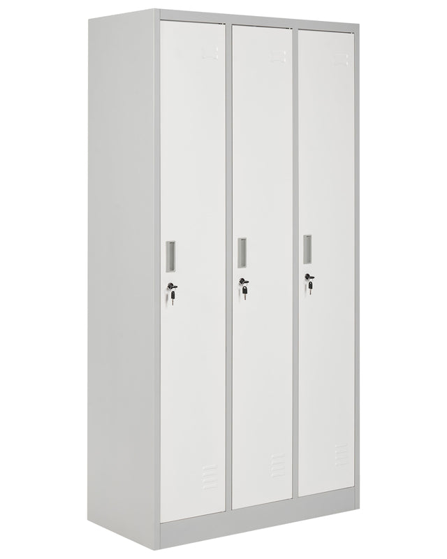 Storage Locker White and Grey Metal Clothes Cabinet 3 Doors Gym School Changing Room Beliani